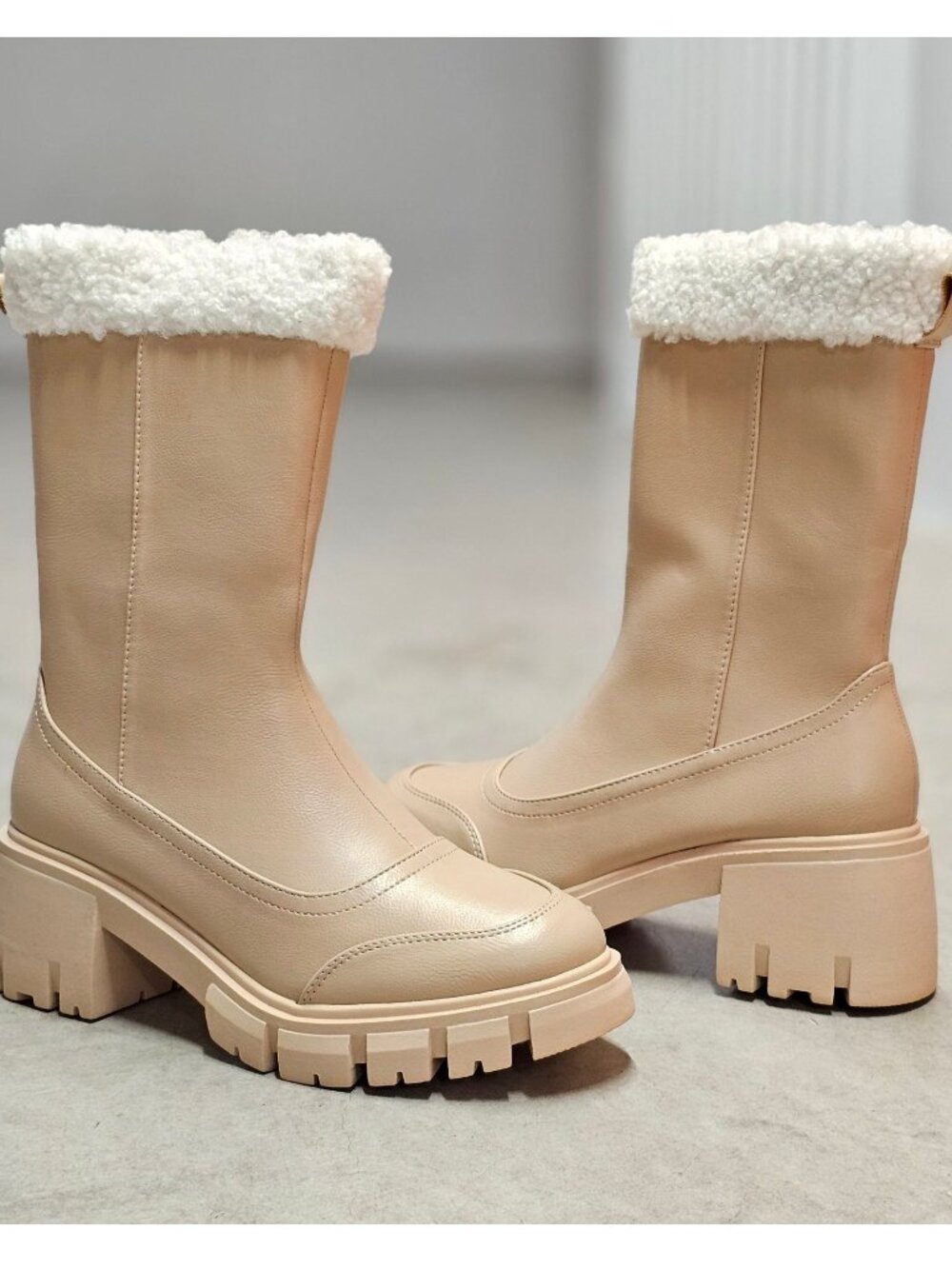 Chunky Nude Faux Leather Winter Boots With Faux Fur Lining & Block Heel